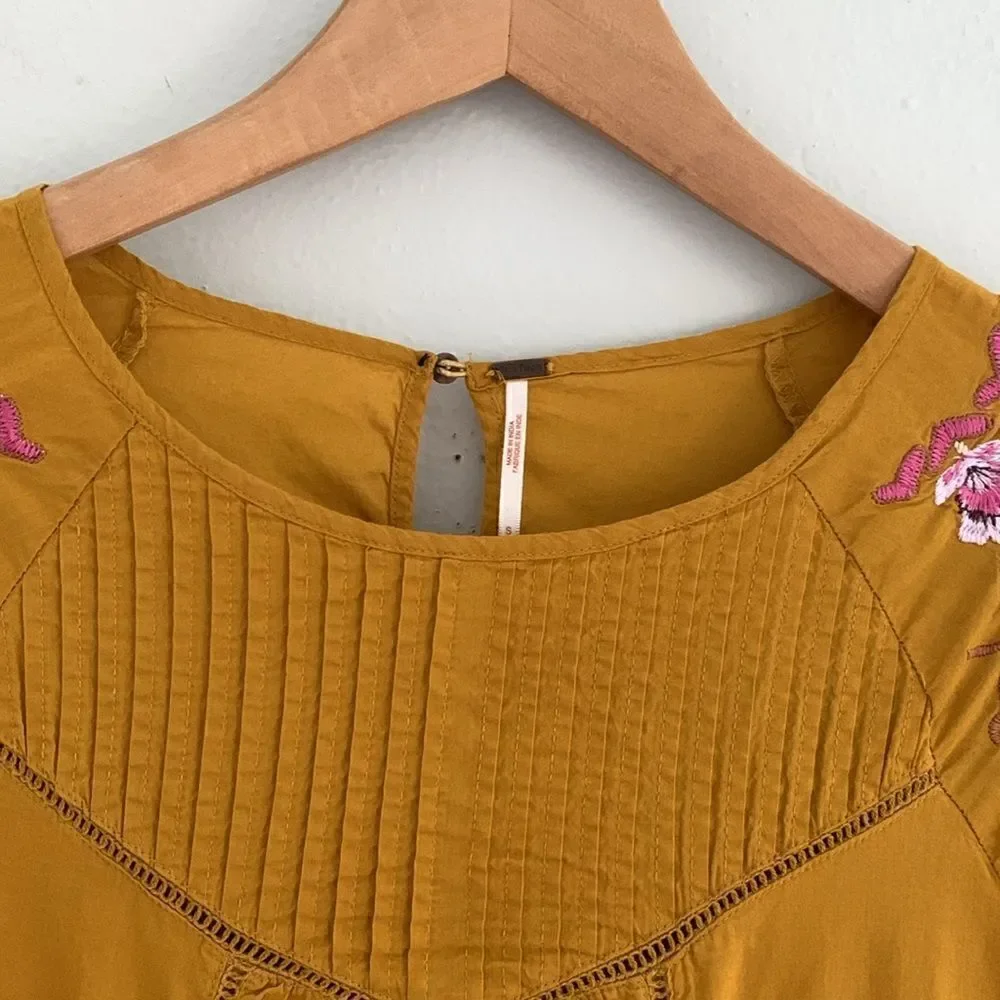 Free People Pavlo mustard yellow boho hippie floral embroidered mini dress small